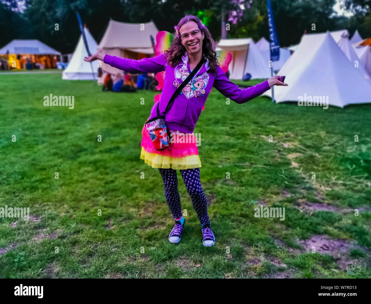 happy LGBT portrait of a person wearing a flamboyant outfit with butterfly wings, castlefest festival 2 august, 2019, keukenhof, lisse, The netherland Stock Photo