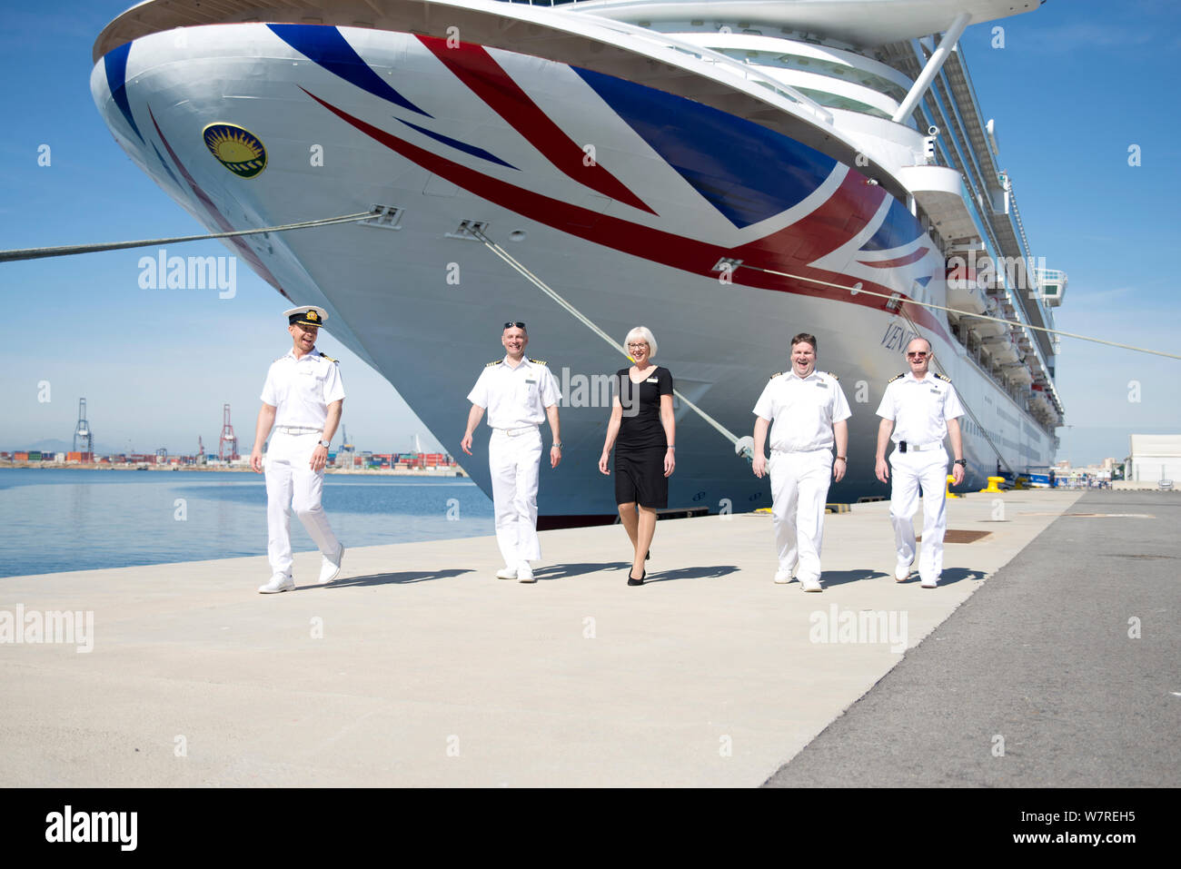 Photoshoot with senior management team of P&O Cruises ship mv Ventura showing officers and exterior view of cruise ship Stock Photo