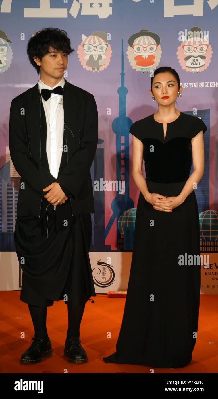 Japanese actress Rena Tanaka, right, and actor Takumi Saito attend the Welcome Dinner of the Japan Film Week during the 20th Shanghai International Fi Stock Photo