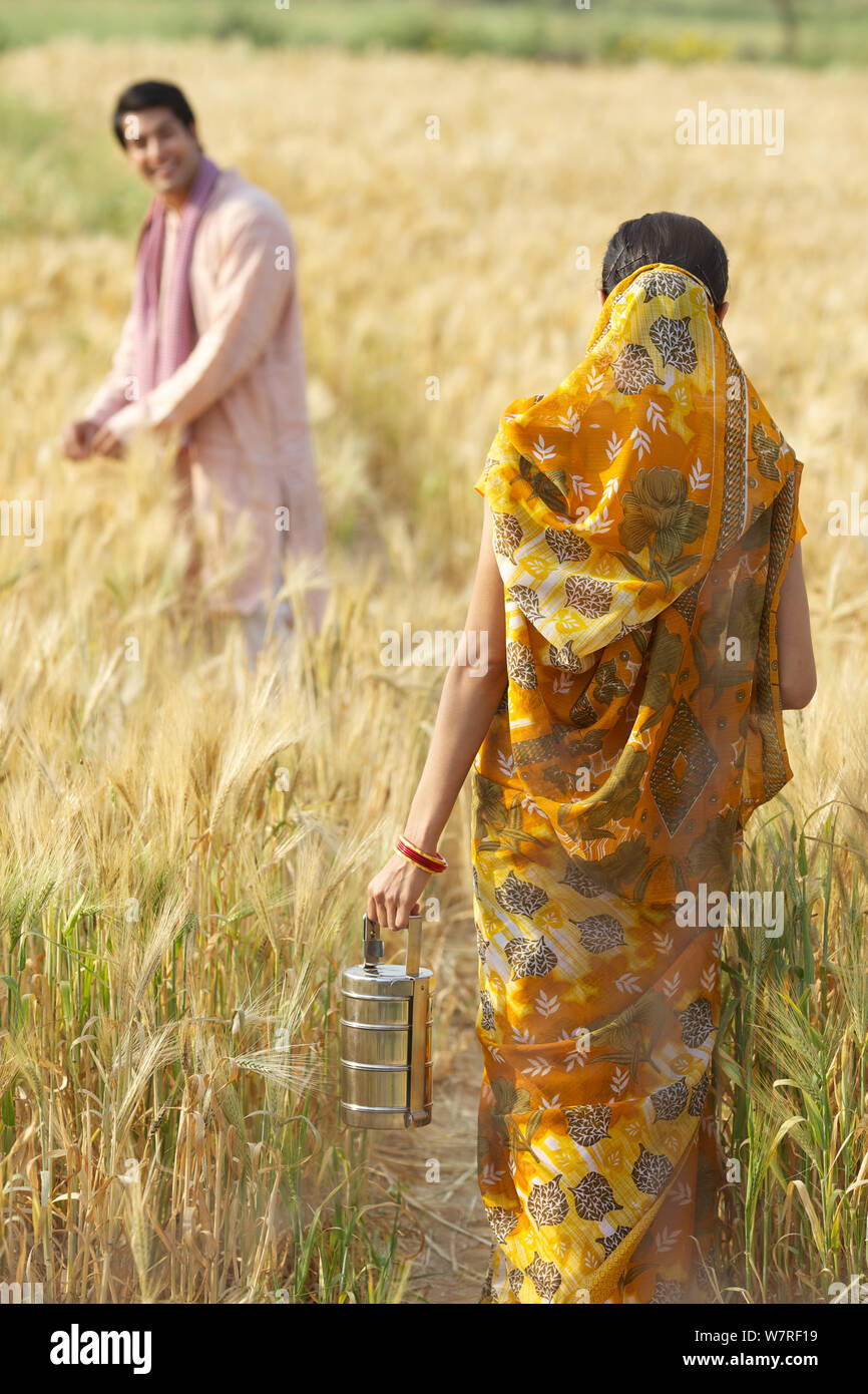 Farmer working in agriculture field and his wife walking with lunch ...