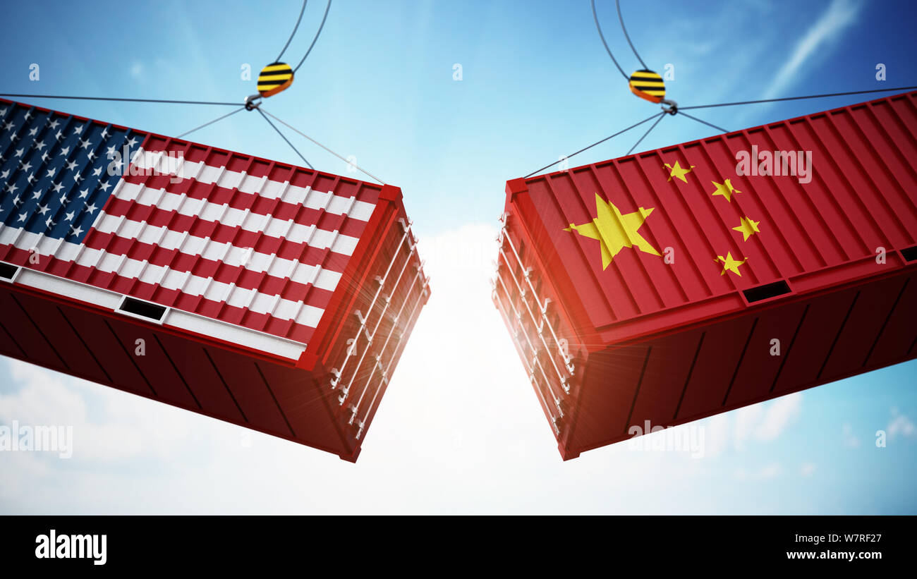 Trade wars concept with American and Chinese flag textured cargo containers clashing. 3D illustration. Stock Photo