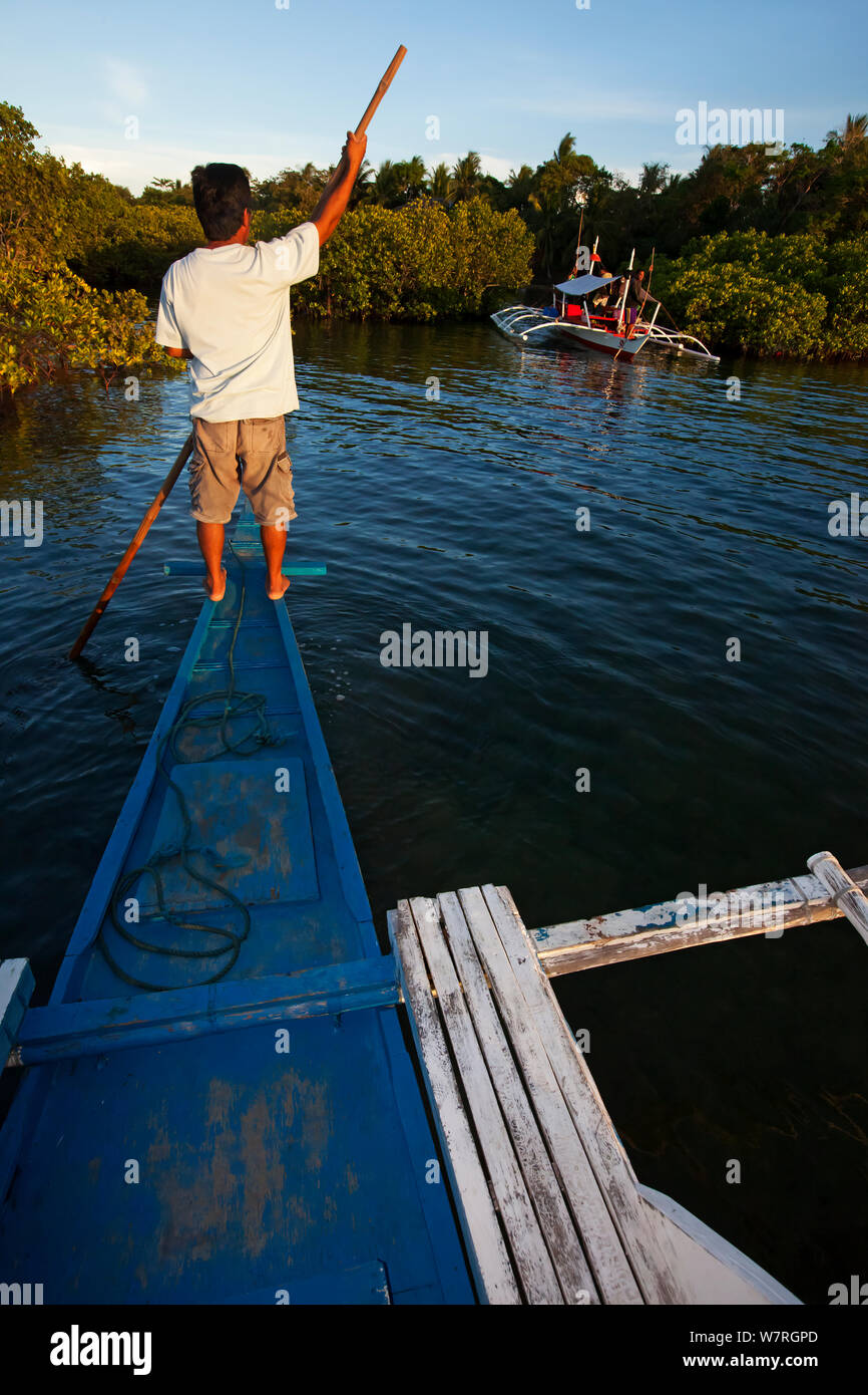 Man navigating in a bangka boat between mangroves, Handumon, Danajon Bank, Central Visayas, Philippines, April 2013 Stock Photo