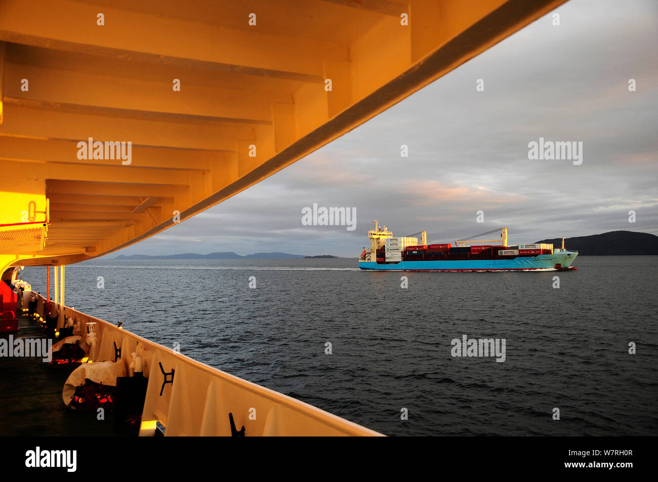 Merchant ship in the Beagle Channel (named after visit of the HMS Beagle and Darwin) Tierra del Fuego, Argentina Stock Photo