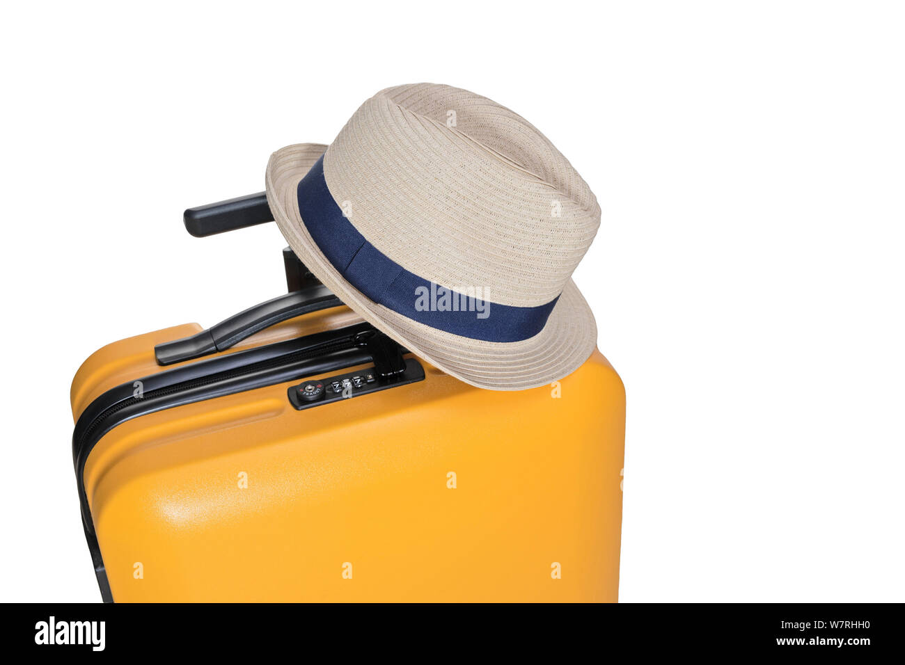 yellow suitcase with a combination lock with numbers 777 on it. Summer