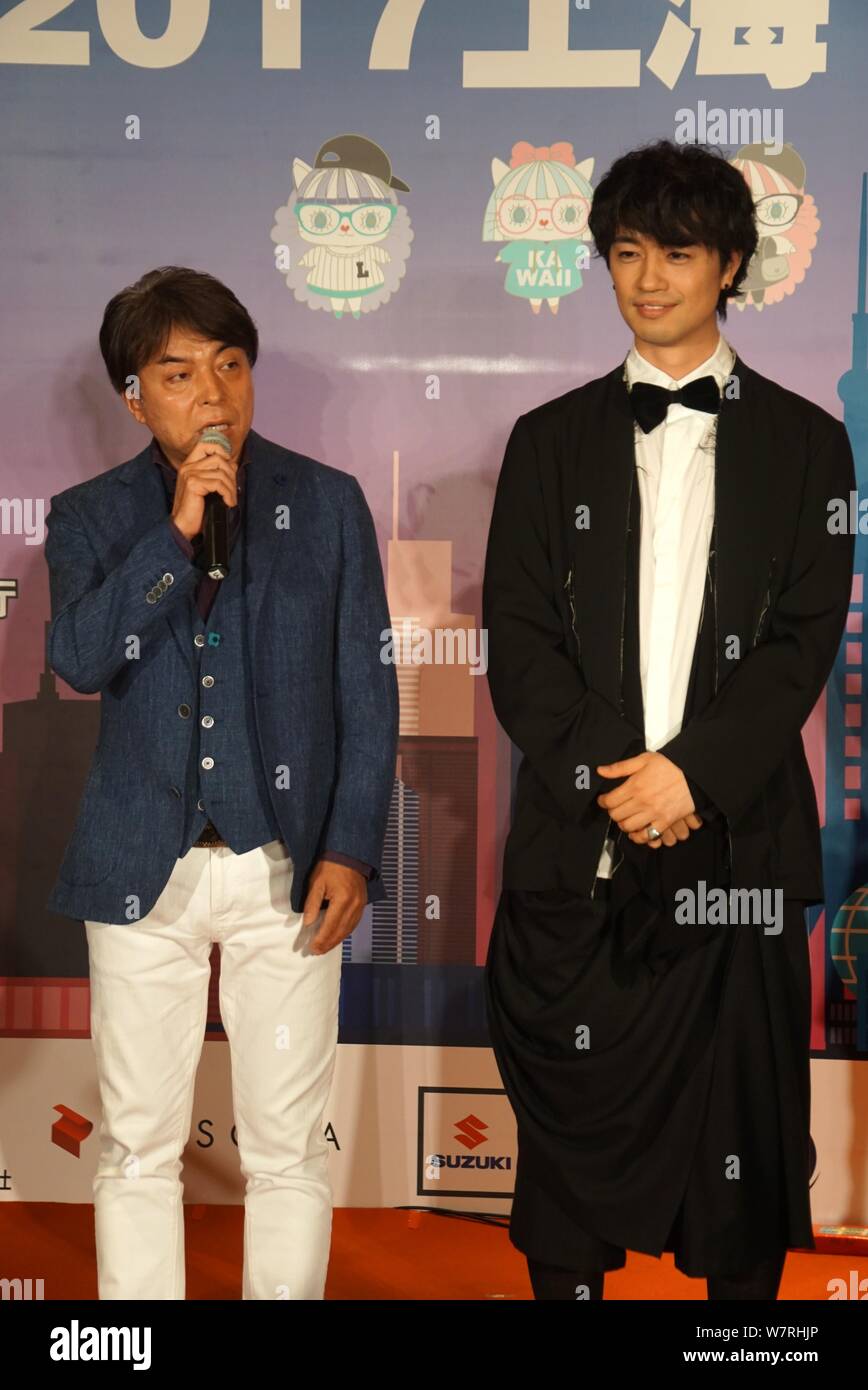 Japanese director Hiroshi Nishitani, left, and actor Takumi Saito attend the Welcome Dinner of the Japan Film Week during the 20th Shanghai Internatio Stock Photo
