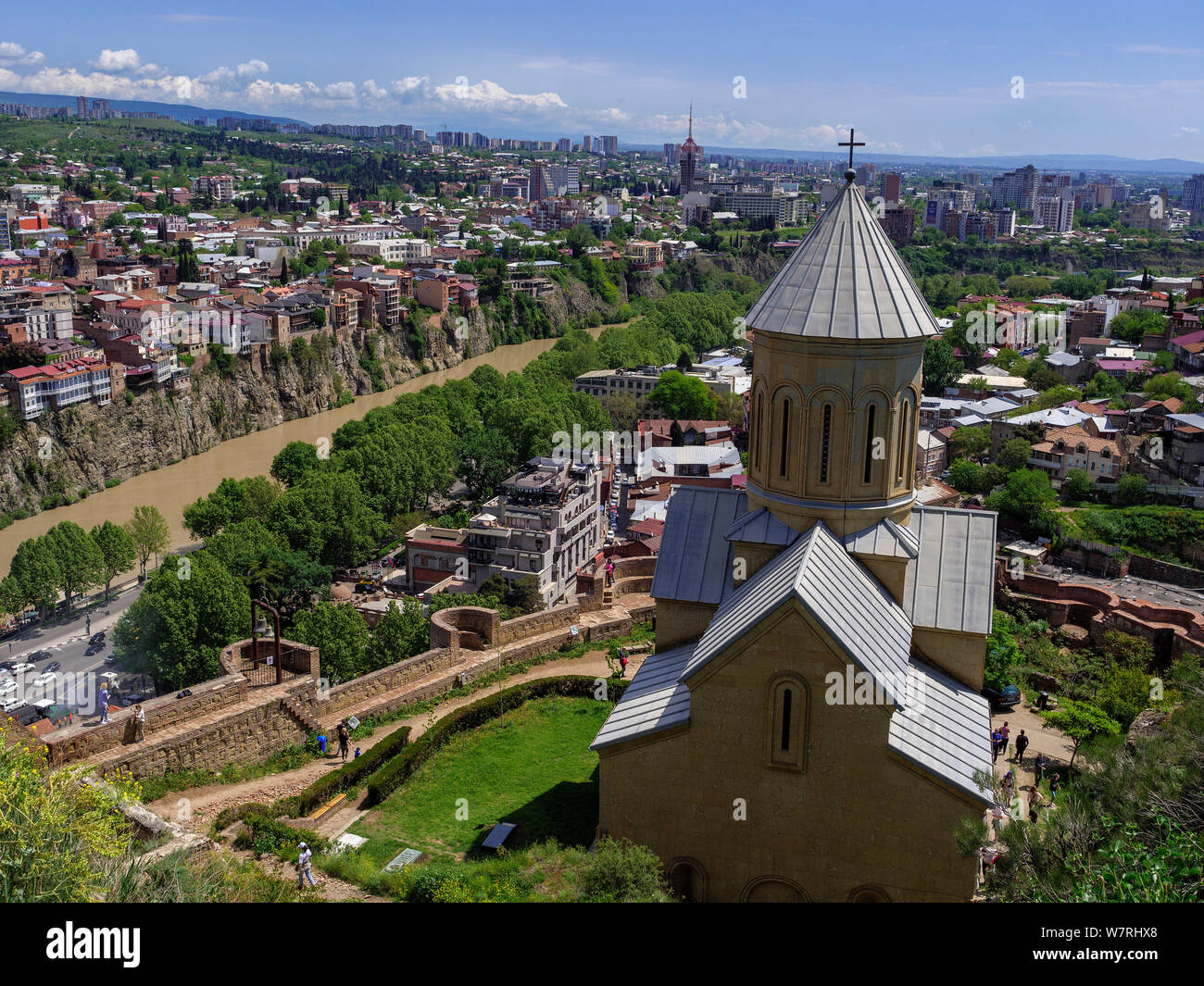 St.Nikolai at fortress Narikala, historic city Metheki and river Kura-Mtkwari, Tbilisi, Georgia, Europe Stock Photo