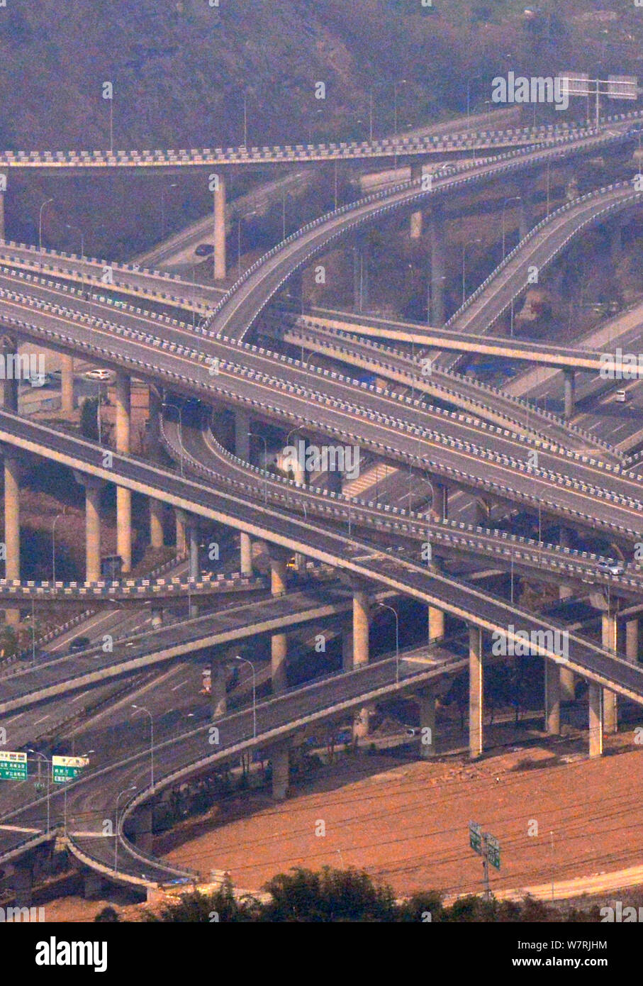 Aerial view of the fivestory structure Huangjuewan Flyover in