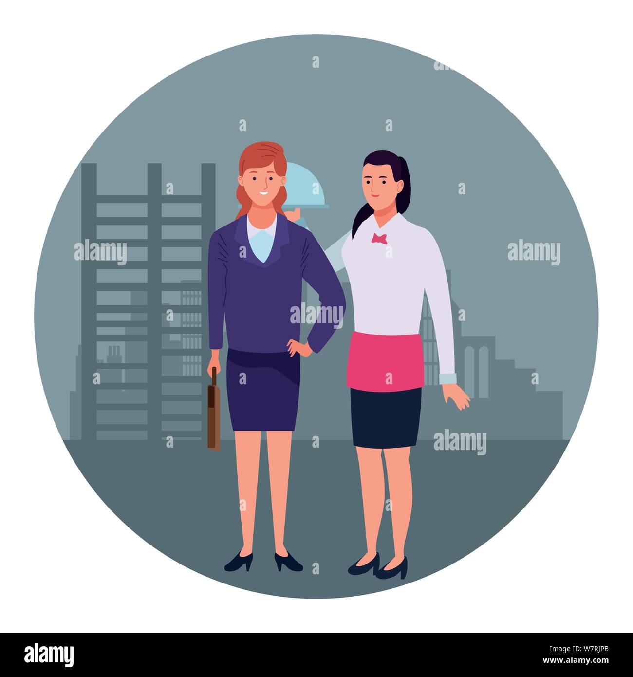 Professionals workers couple smiling cartoons round icon Stock Vector ...