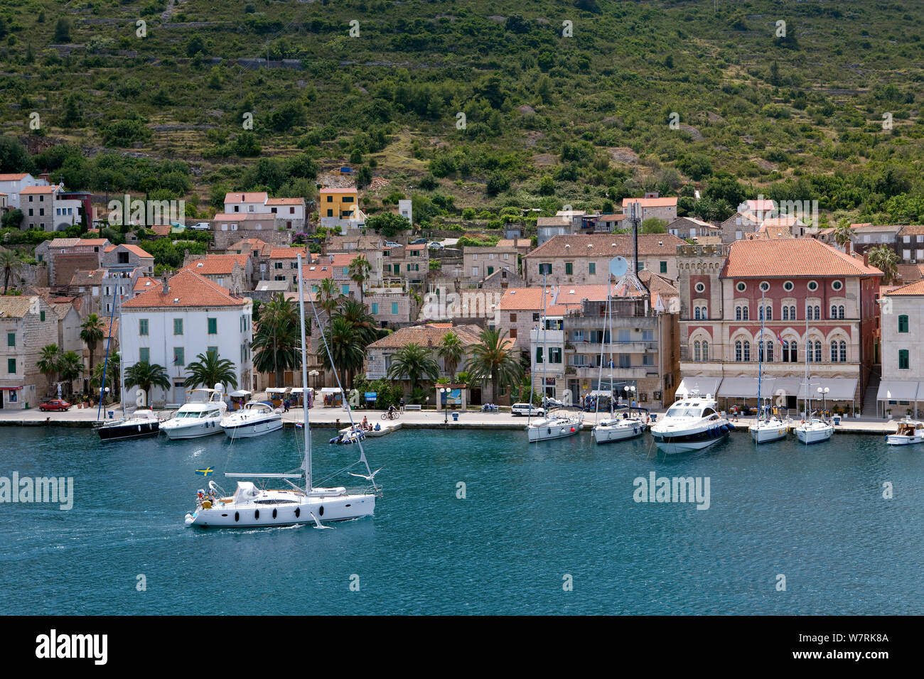 Harbour of Vis village, Vis Island, Croatia, Adriatic Sea, Mediterranean Stock Photo