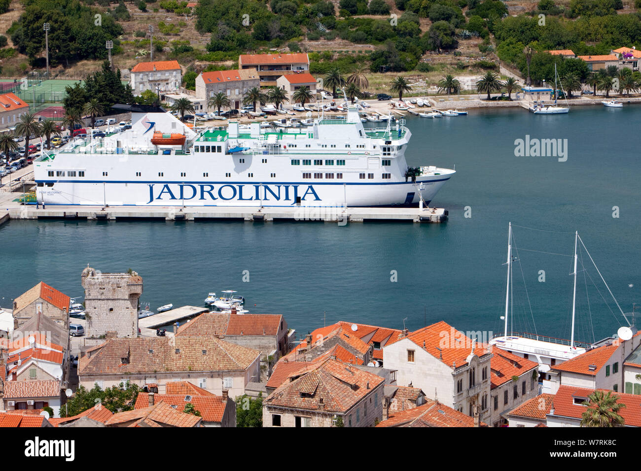 Harbour of Vis village with 'Jadrolinija' ferry, Vis Island, Croatia, Adriatic Sea, Mediterranean Stock Photo