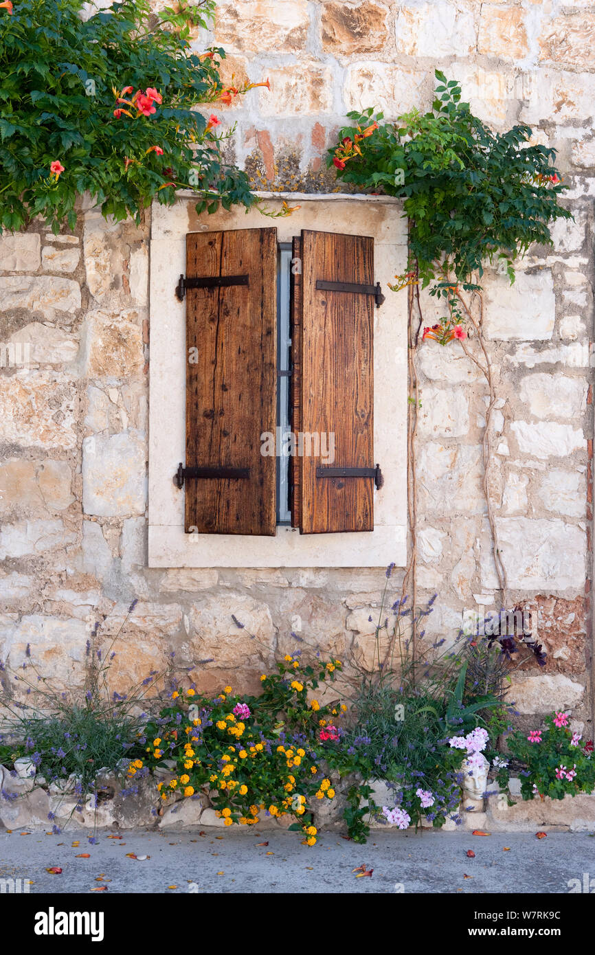 Window with shutters, village of Komiza, Vis Island, Croatia, Adriatic Sea, Mediterranean Stock Photo