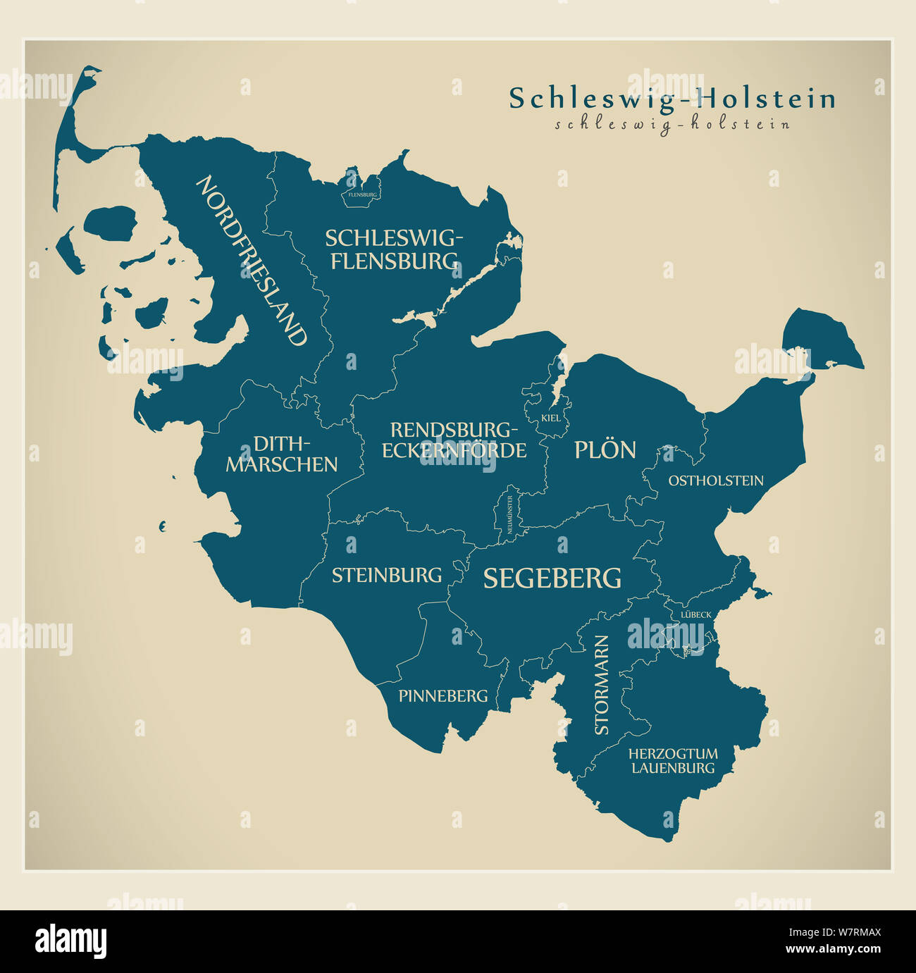 Modern Map SchleswigHolstein map of Germany with counties and labels