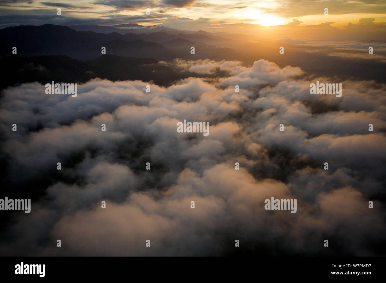 Aerial view of sunrise, low clouds and the Sarawaget Range - mountains of the Huon Peninsula, Papua New Guinea Stock Photo