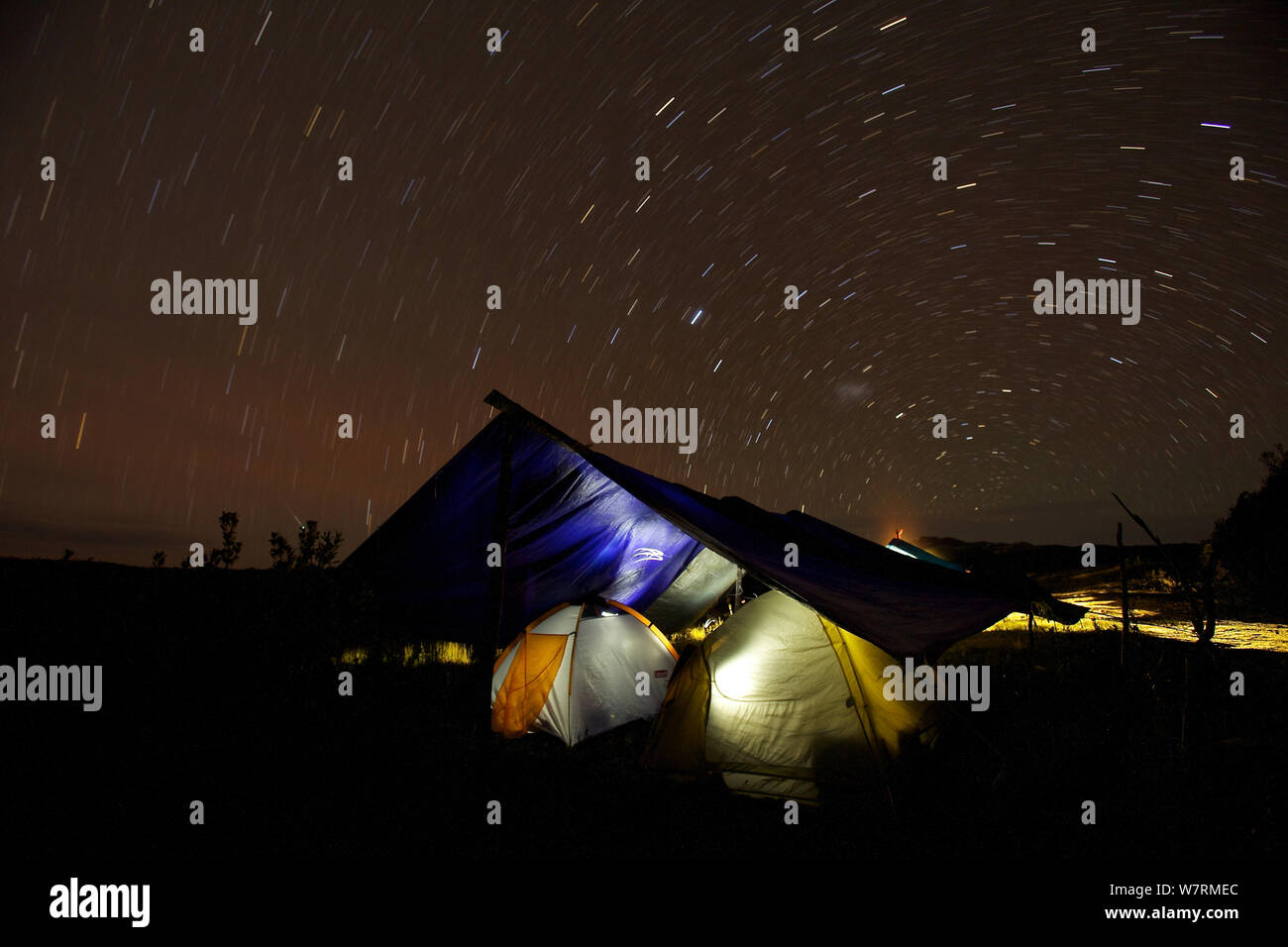 Starry early morning at Bird of Paradise Research Camp at 3350 m elevation in the Jayawijaya Mountains, New Guinea. June 2010 Stock Photo