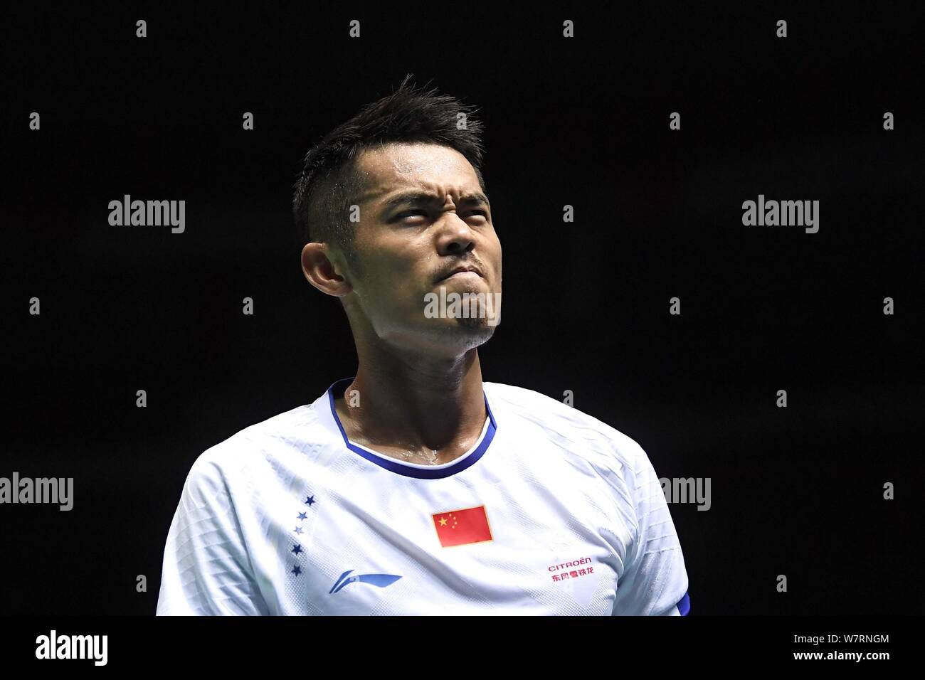 Lin Dan of China reacts after defeating Lee Chong Wei of Malaysia in their semifinal match of the men's singles during the 2017 Badminton Asia Champio Stock Photo