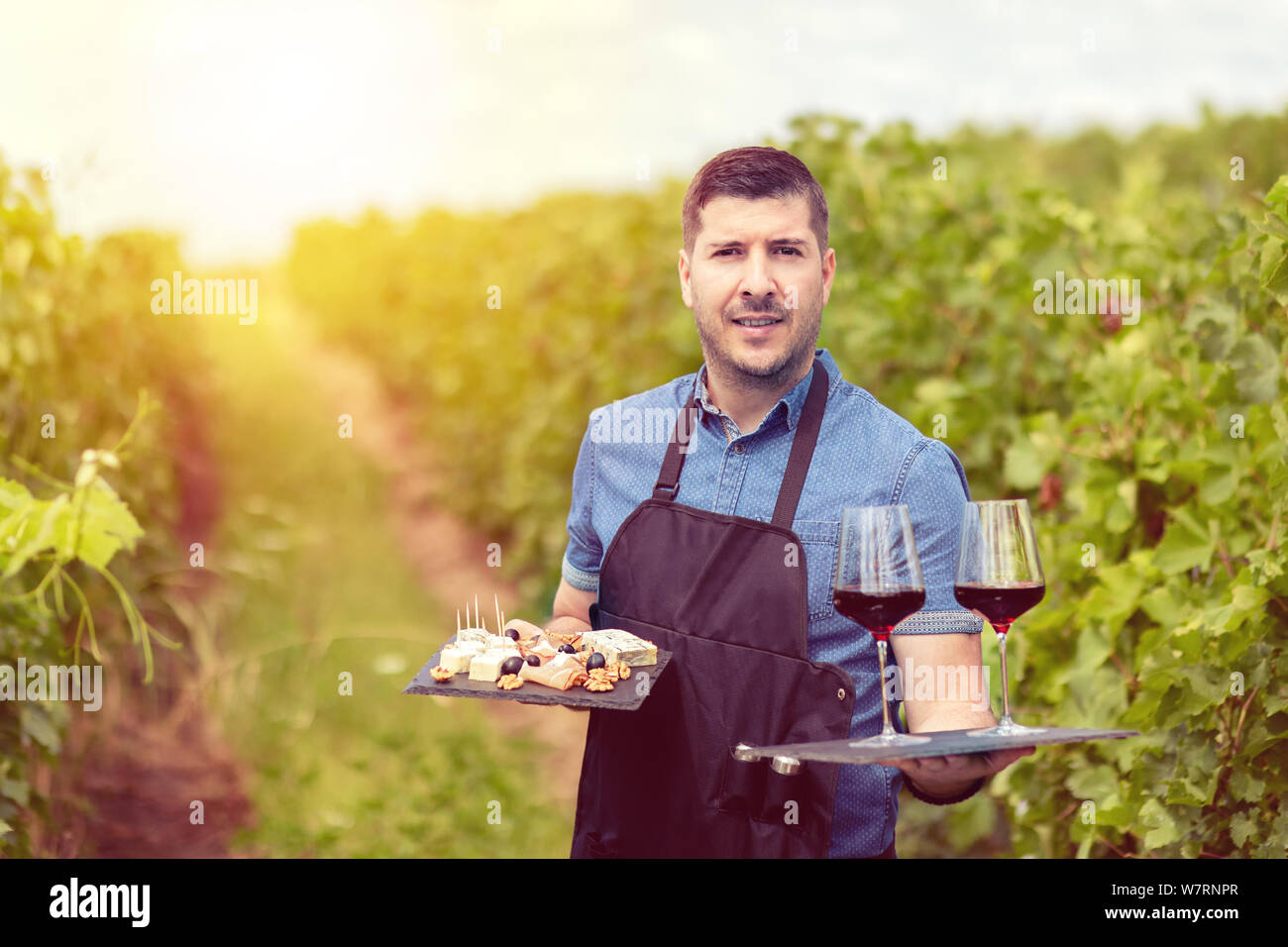 Modern wine maker in vineyard holding samples of red wine and different selection of cheese and salami Stock Photo