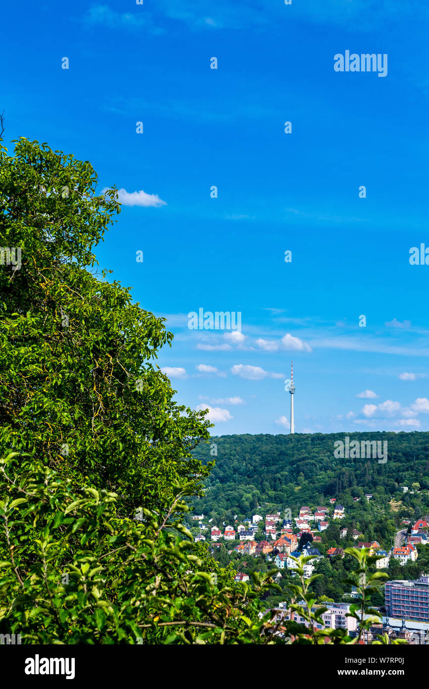 Germany, Stuttgart city tall television tower building in green forest ...