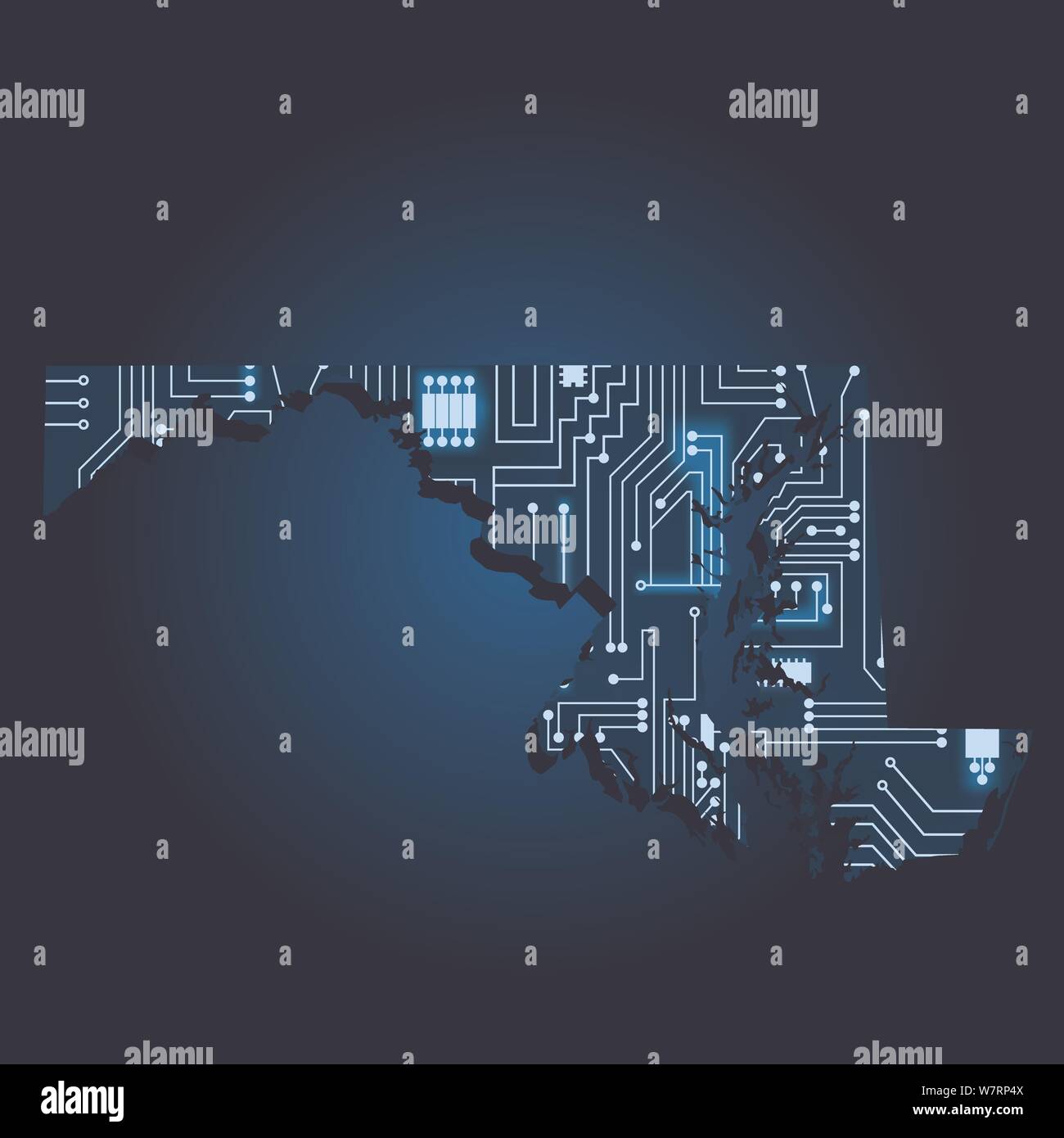 Contour map of Maryland with a technological electronics circuit. USA state. Blue background. Stock Vector