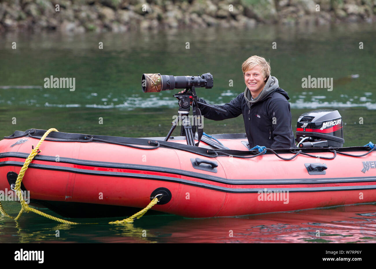 Photographer Bertie Gregory in RIB boat, Vancouver Island, British