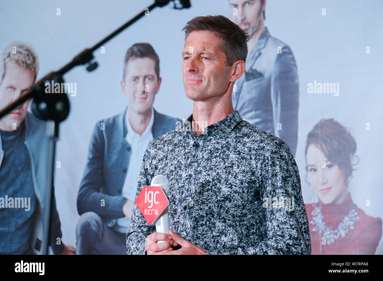 Kare Wanscher of Danish rock band Michael Learns to Rock (MLTR) attends a press conference to promote their China concert tour in Guangzhou city, sout Stock Photo