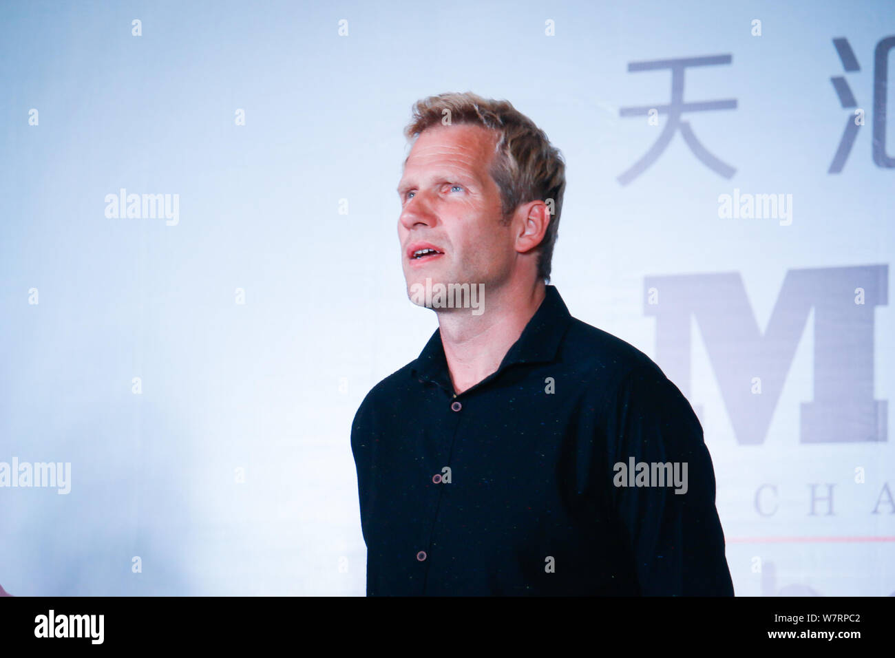 Jascha Richter of Danish rock band Michael Learns to Rock (MLTR) attends a press conference to promote their China concert tour in Guangzhou city, sou Stock Photo