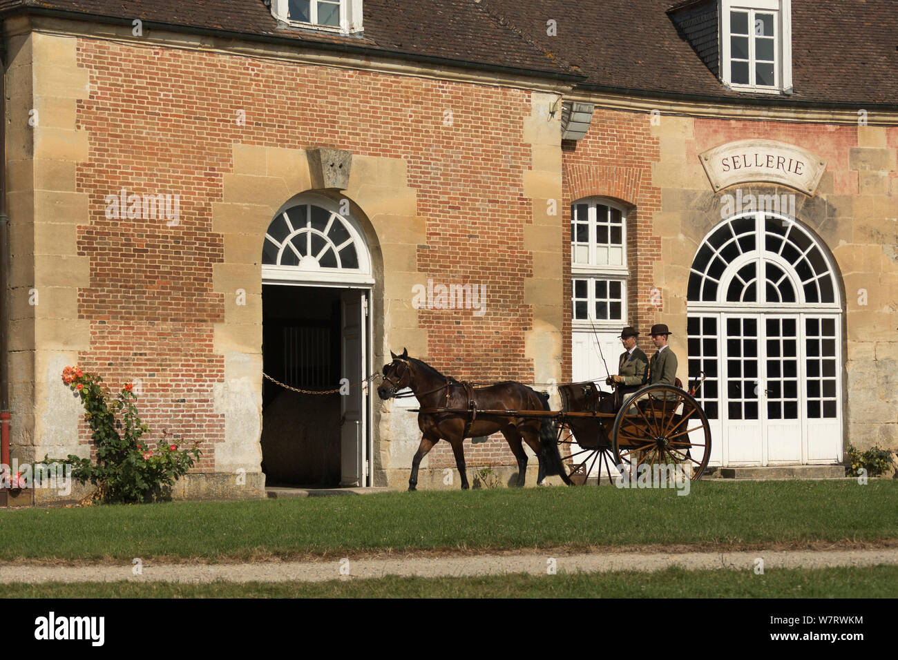 Two traditionally dressed gentlemen driving a Welsh Cob, harnessed to a pill box, in the Cour D'Honneur of the Haras Du Pin, France's oldest national stud, at Le Pin-au-Haras, Orne, Lower Normandy, France. July 2013 Stock Photo