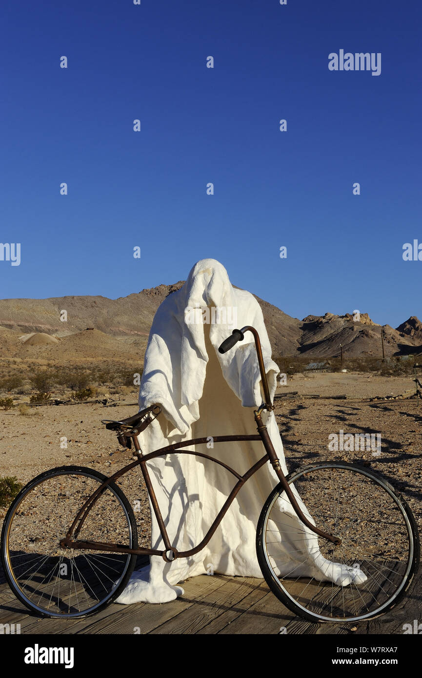 Charles Albert Szukalski's sculpture 'Ghost Rider' (1984) in Rhyolite, a ghost town in the desert, Nevada, USA, November 2012. Stock Photo