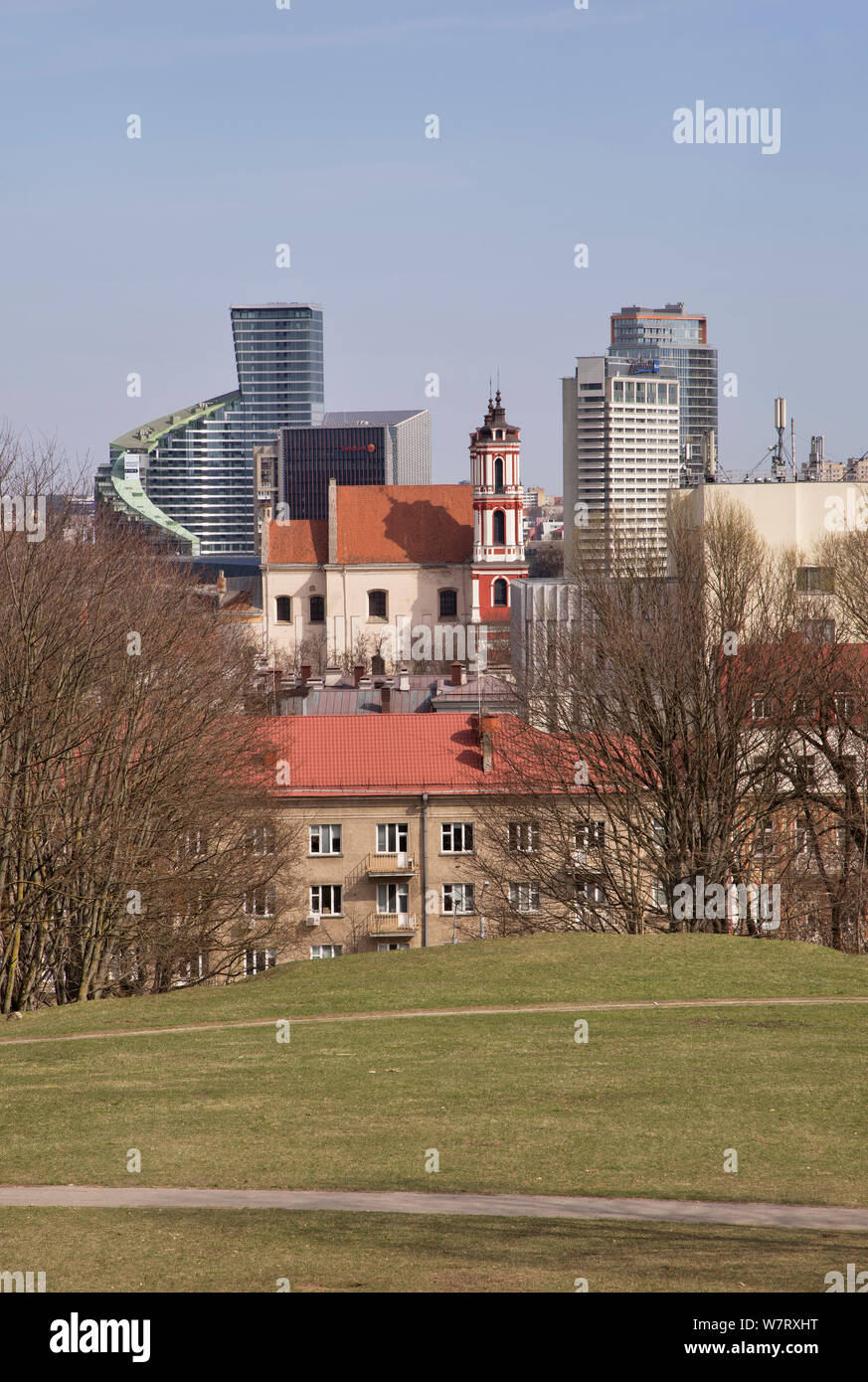 View of new city centre at Snipiskes district from Tauras hill in Vilnius. Lithuania Stock Photo