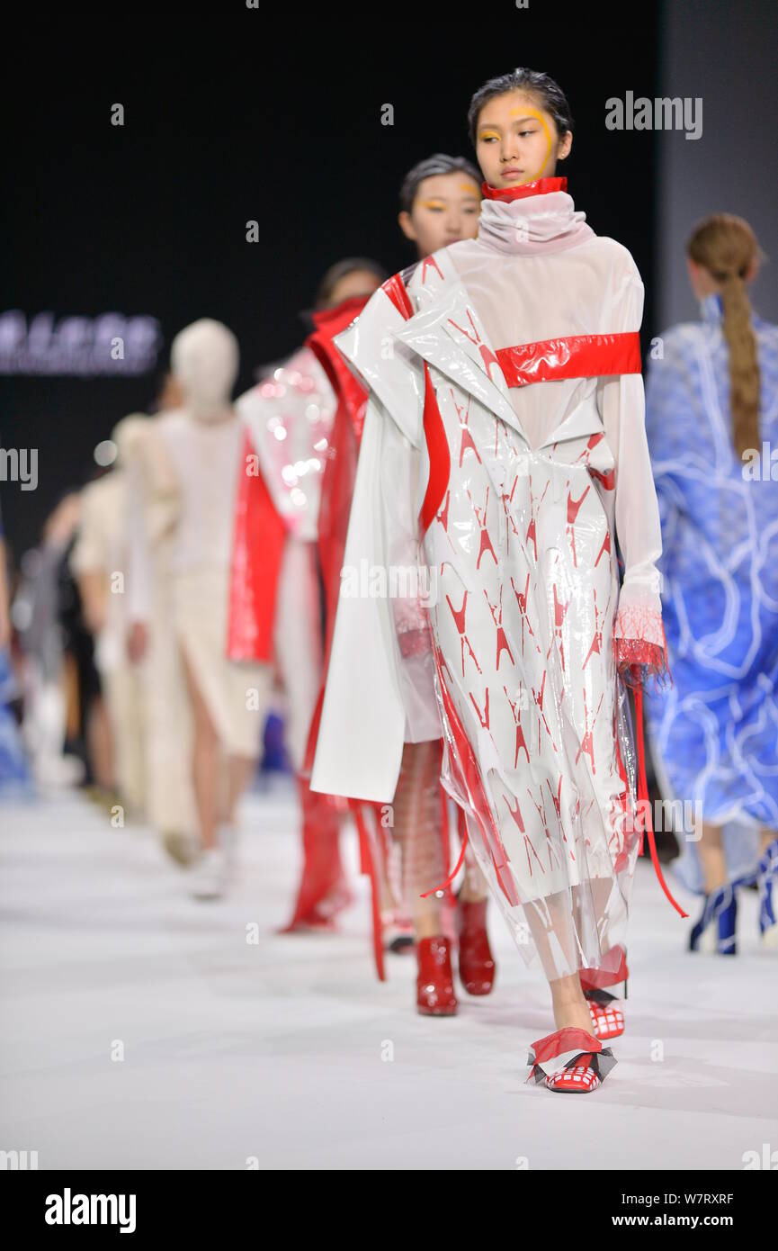 Models display new creations designed by a graduate during the 2017 China Graduate Fashion Week in Beijing, China, 14 May 2017. Stock Photo