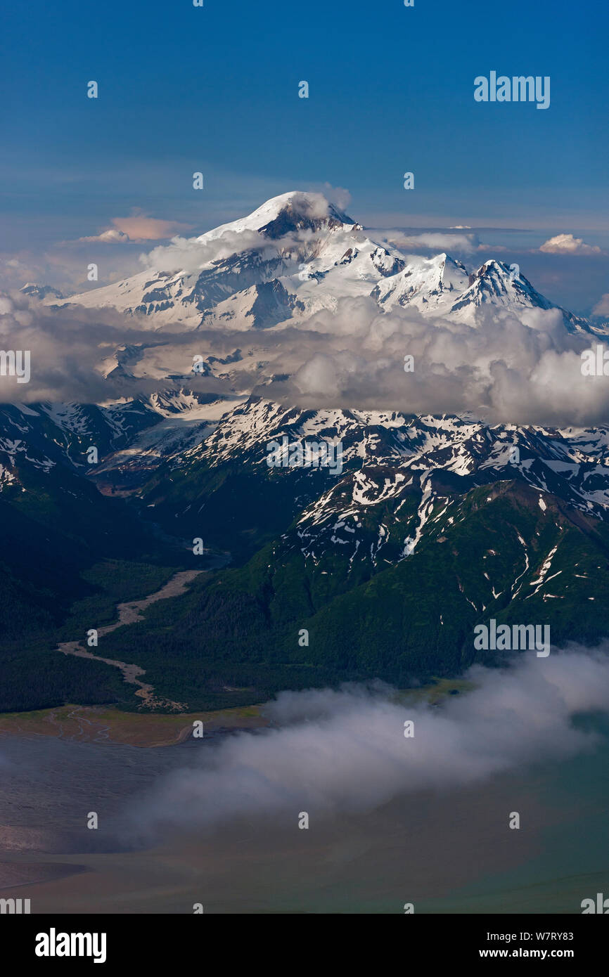 Volcano Mount Iliamna, aerial photo, Lake Clark National Park, Alaska, USA, June. Stock Photo