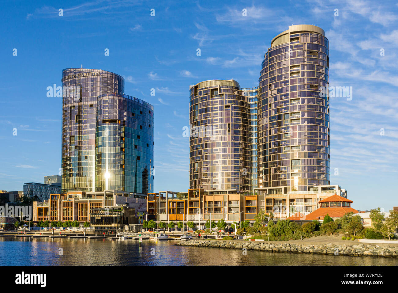 Elizabeth Quay cityscape with new apartments and hotel overlooking the Swan River, Perth, Western Australia Stock Photo