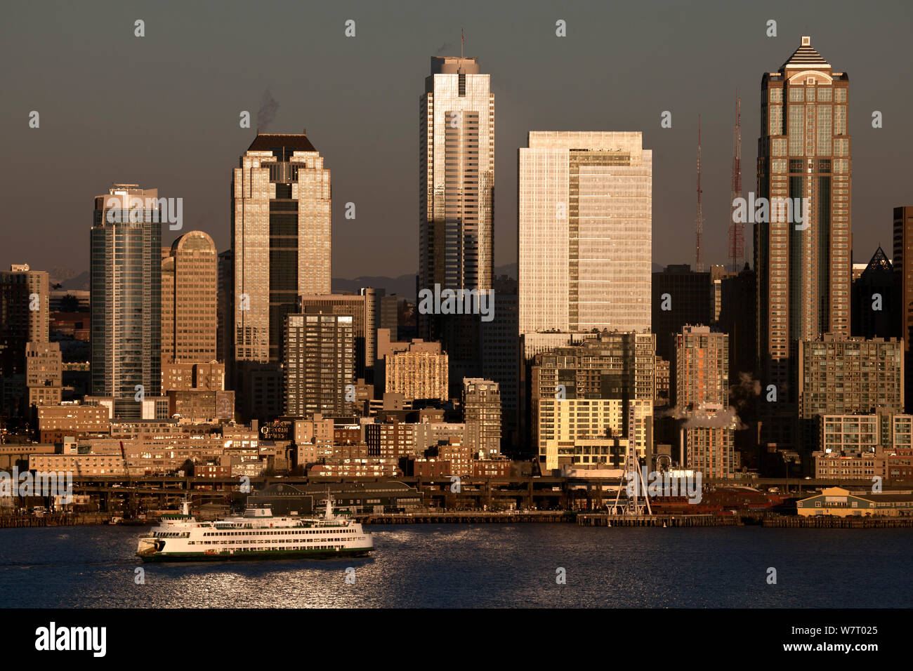 Ferry boat on Elliot Bay and the city of Seattle viewed from Hamilton