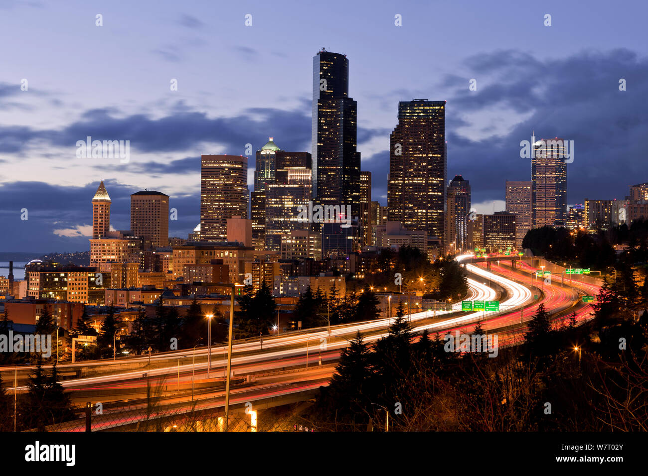 View of the Seattle skyline from the 12th Avenue South bridge, Washington, USA. March 2013. Stock Photo