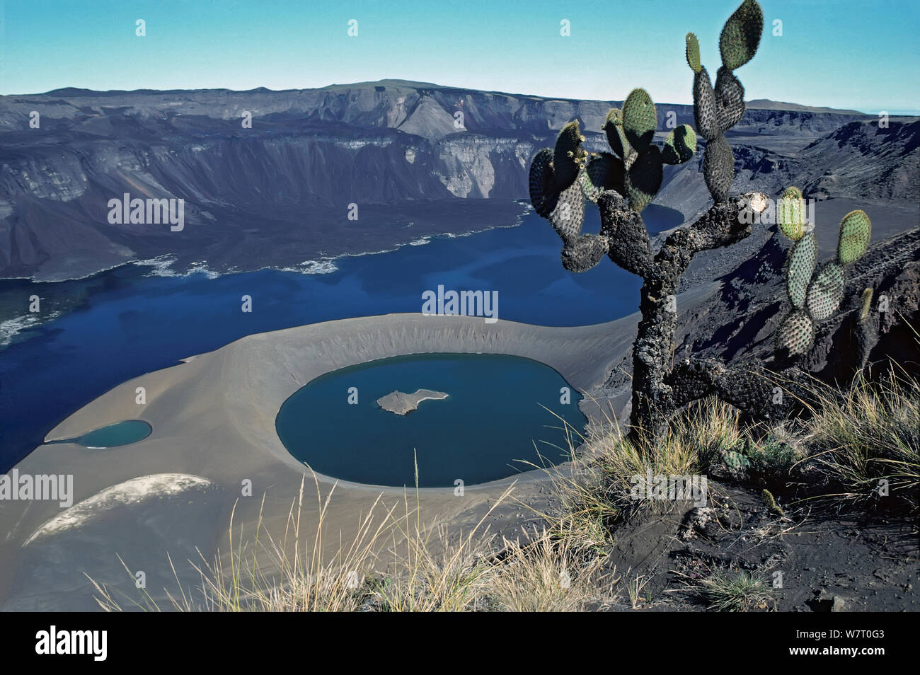 Volcanic caldera with tuff cone and lake, formed by collapse of shield