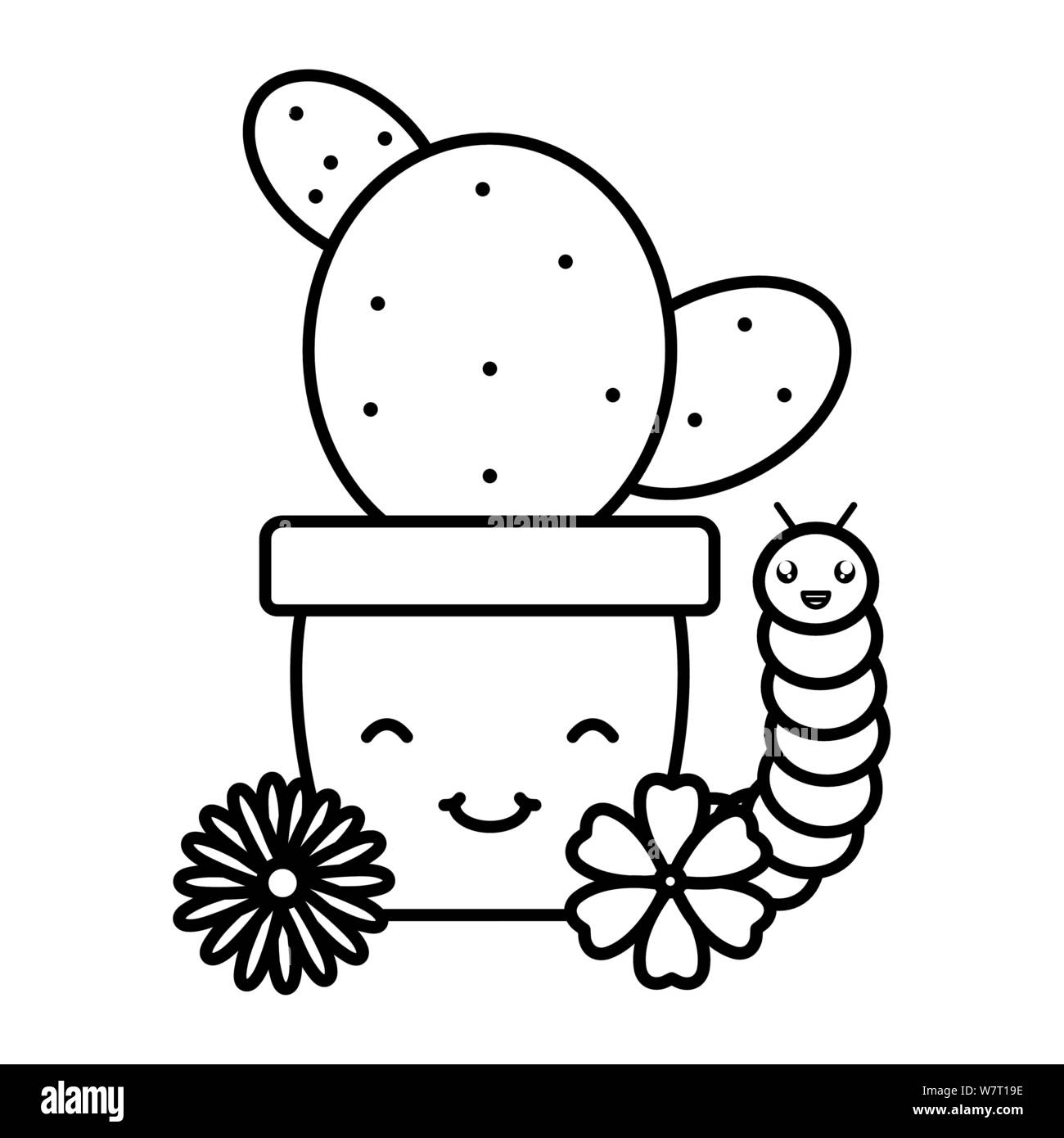 cactu in ceramic pot and worm kawaii style vector illustration design