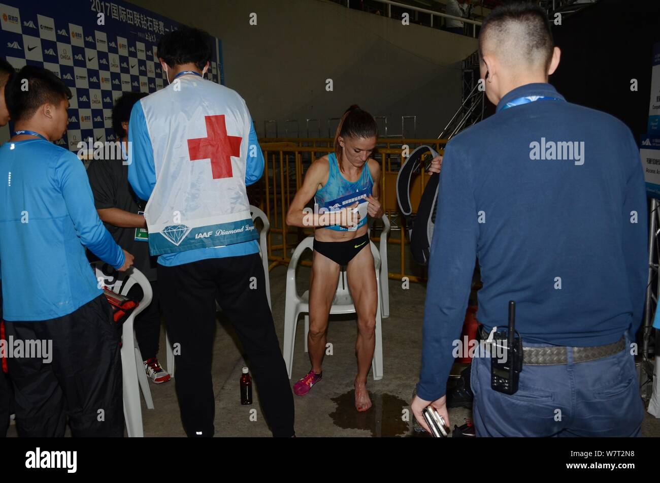 Albanian athlete Luiza Gega is injured in the the women's 3000m steeplechase during the IAAF Diamond League Shanghai 2017 in Shanghai, China, 13 May 2 Stock Photo