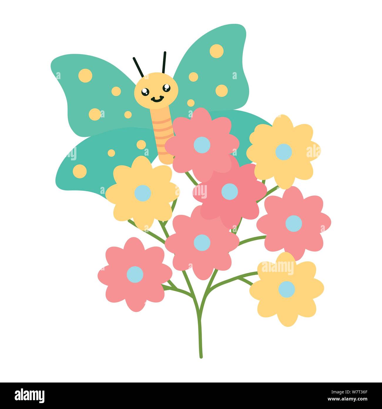 flowers garden plant with beautiful butterfly kawaii vector