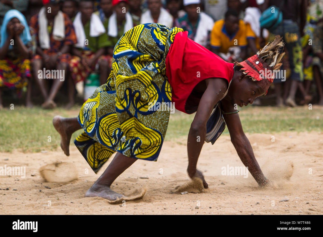 Man dancing during Zangbeto voodoo ceremony, Benin, Africa, February 2011. Stock Photo