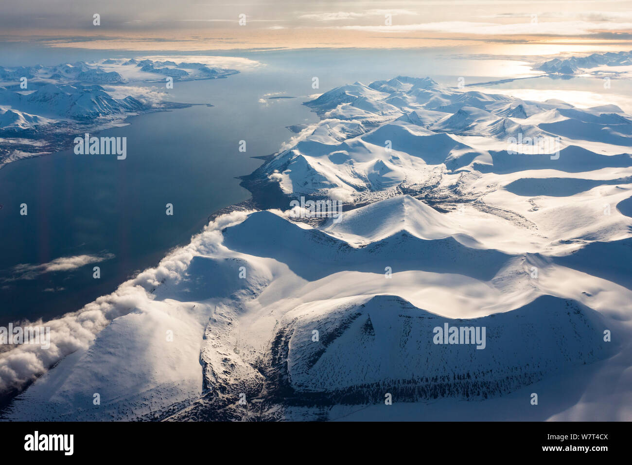 Aerial View of Spitzbergen, Svalbard Archipelago in June. Norway. Stock Photo