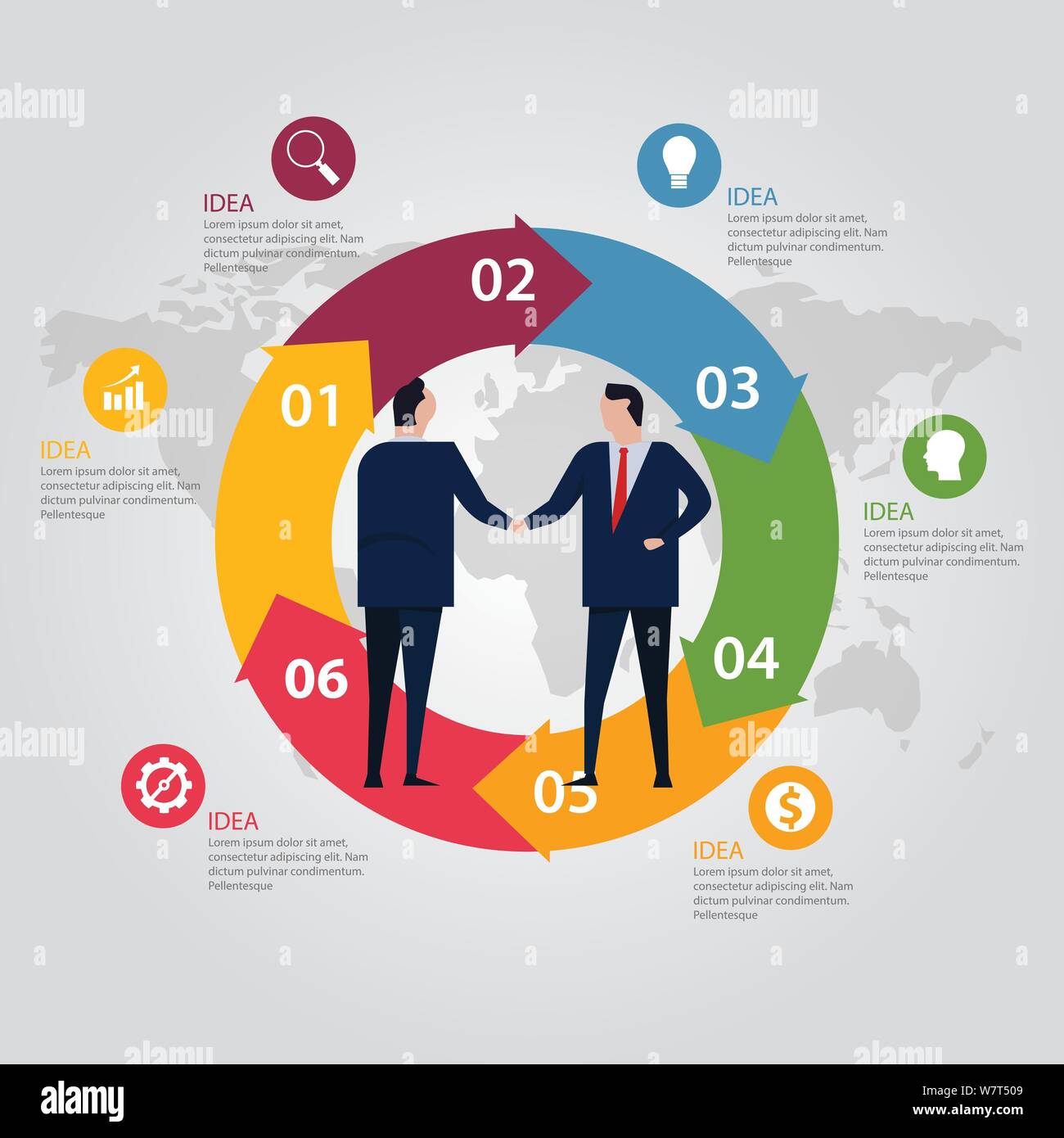 Circle step info-graphic world map color. Business people agreement standing handshake wearing suite formal. Concept vector Stock Vector