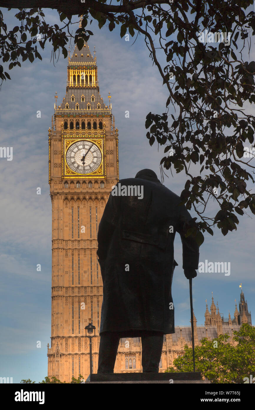 Houses of Parliament and statue of Winston Churchill, Westminster, London, June 2013. Stock Photo