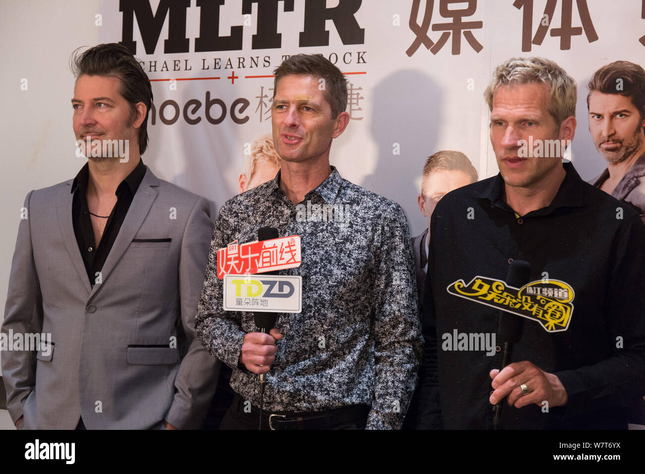 (From left) Mikkel Lentz, Kare Wanscher and Jascha Richter of Danish rock band Michael Learns to Rock (MLTR) attend a press conference to promote thei Stock Photo