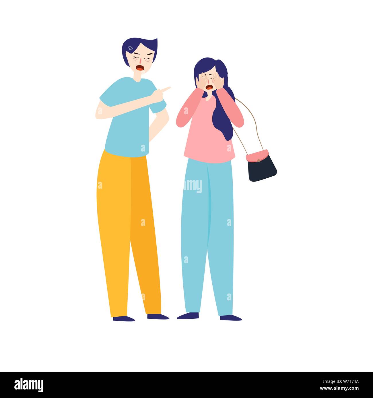 Angry young couple fighting and shouting at each other, people arguing and yelling, cartoon illustration. Stock Vector