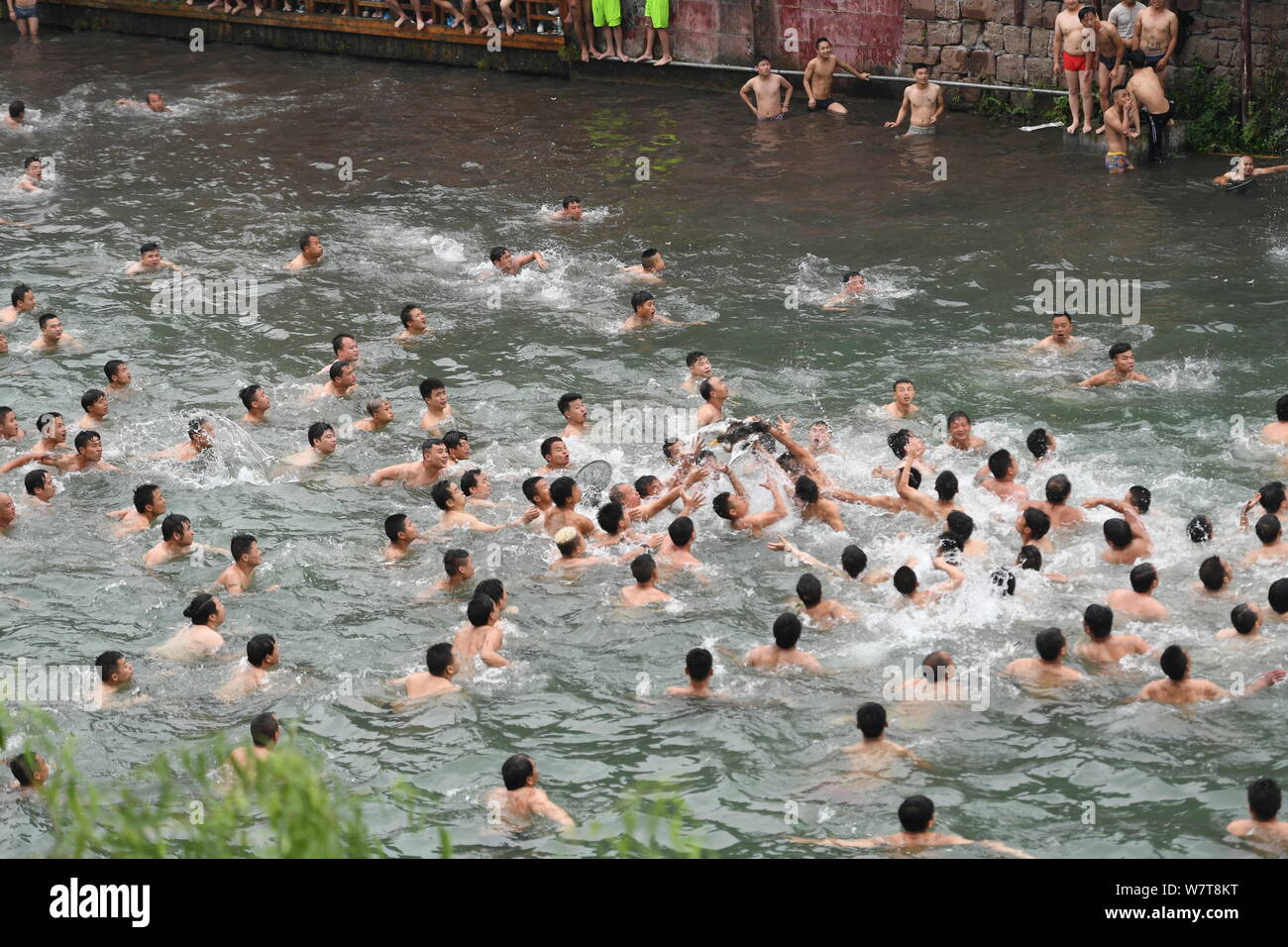 Chinese men catch ducks to celebrate the Dragon Boat Festival, also known as Duanwu Festival, in the Tuojiang River (Tuo River) in the Fenghuang Ancie Stock Photo