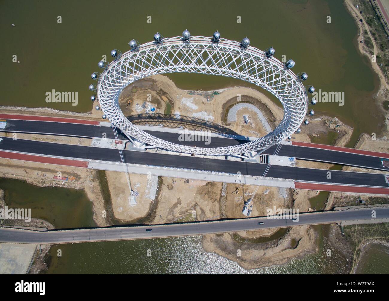 Aerial view of Bailang River Bridge Ferris Wheel, the world's first