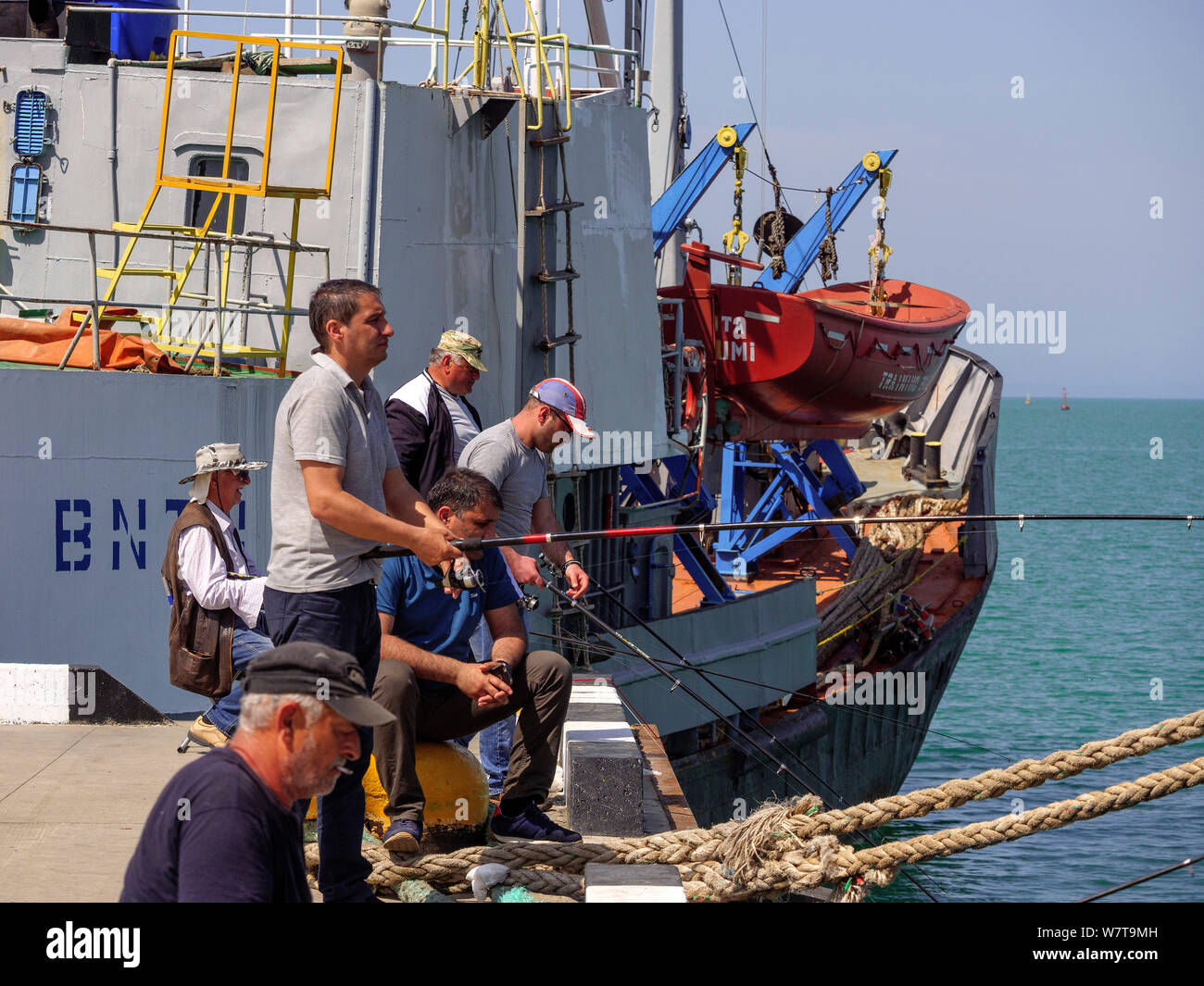 fishiing at the old harbor, Batumi, Adjara,  Georgia, Europe Stock Photo