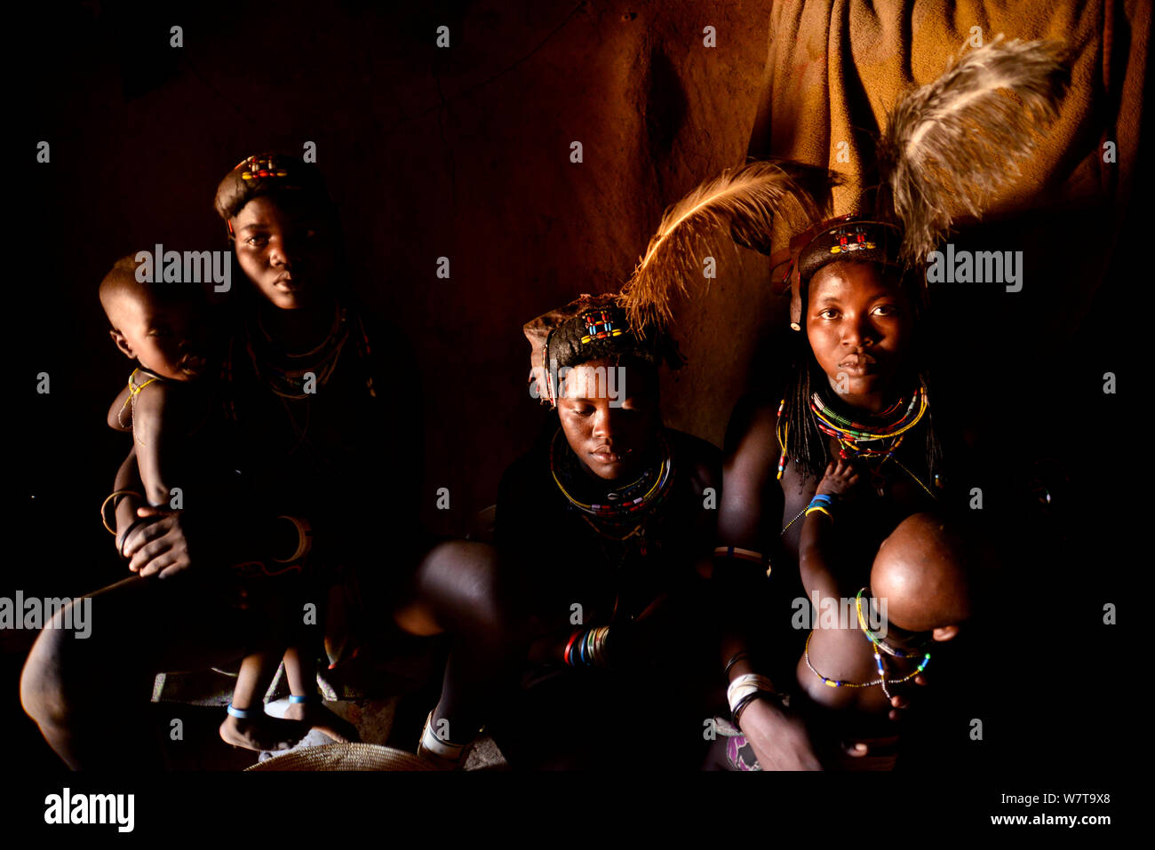 Group portrait of Ovahakaona mothers with babies, Kaokoland, Namibia. Stock Photo