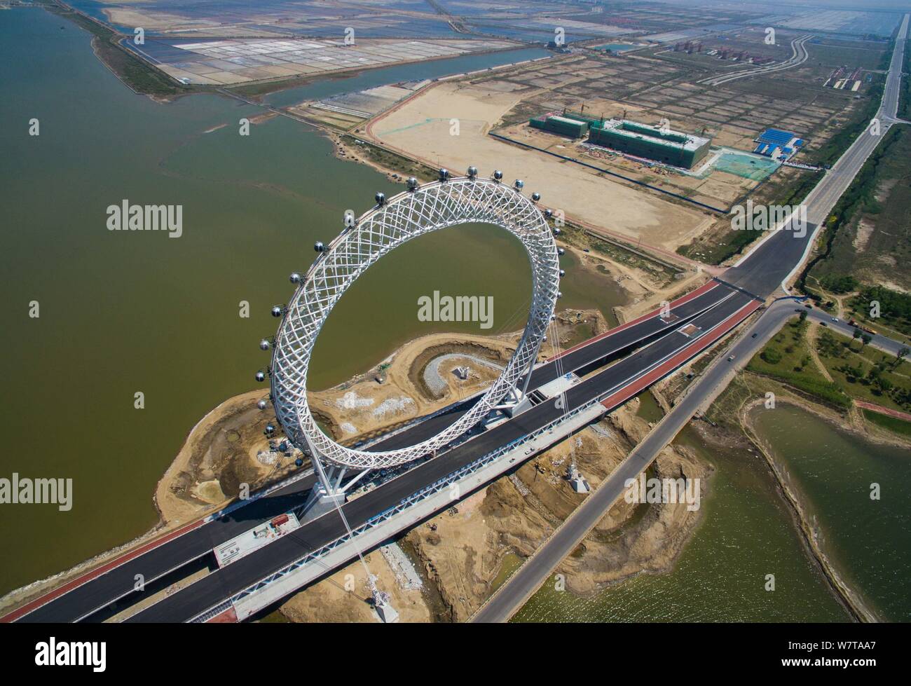 Aerial view of Bailang River Bridge Ferris Wheel, the world's first