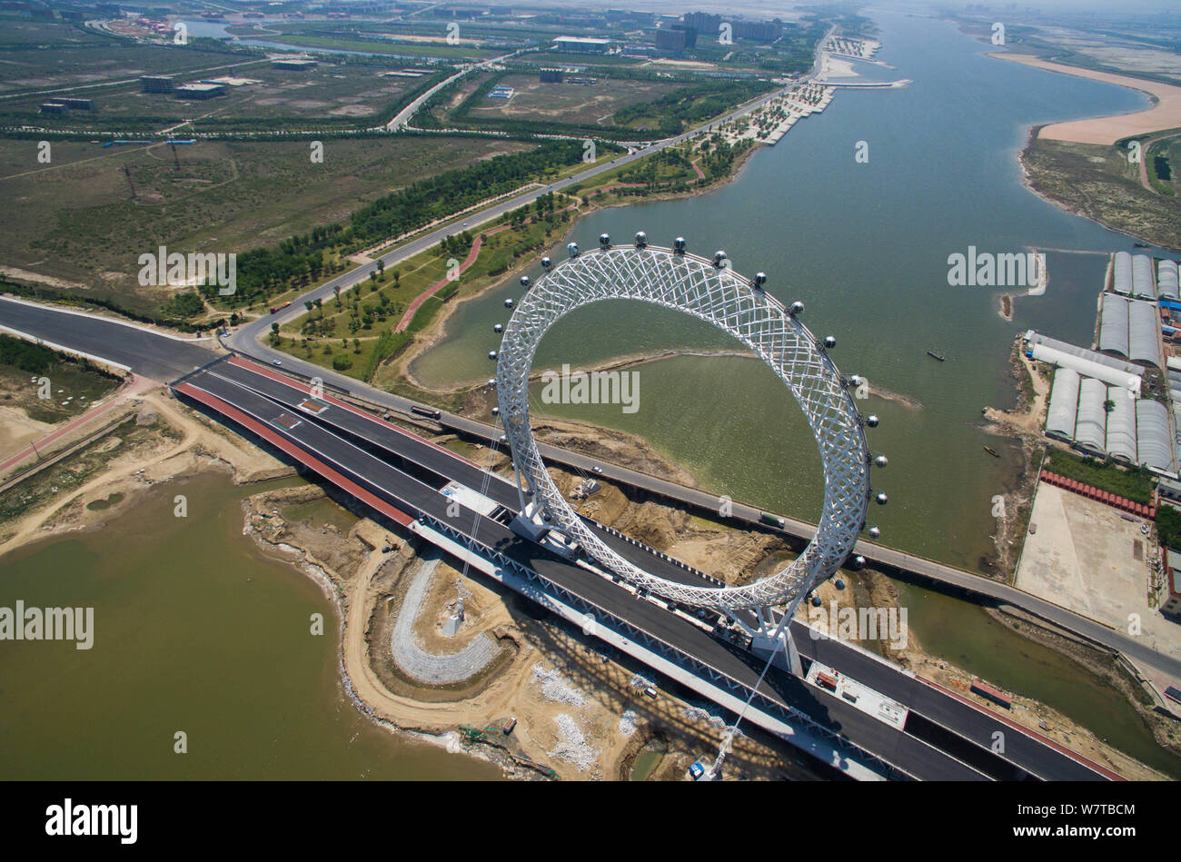 Aerial view of Bailang River Bridge Ferris Wheel, the world's first