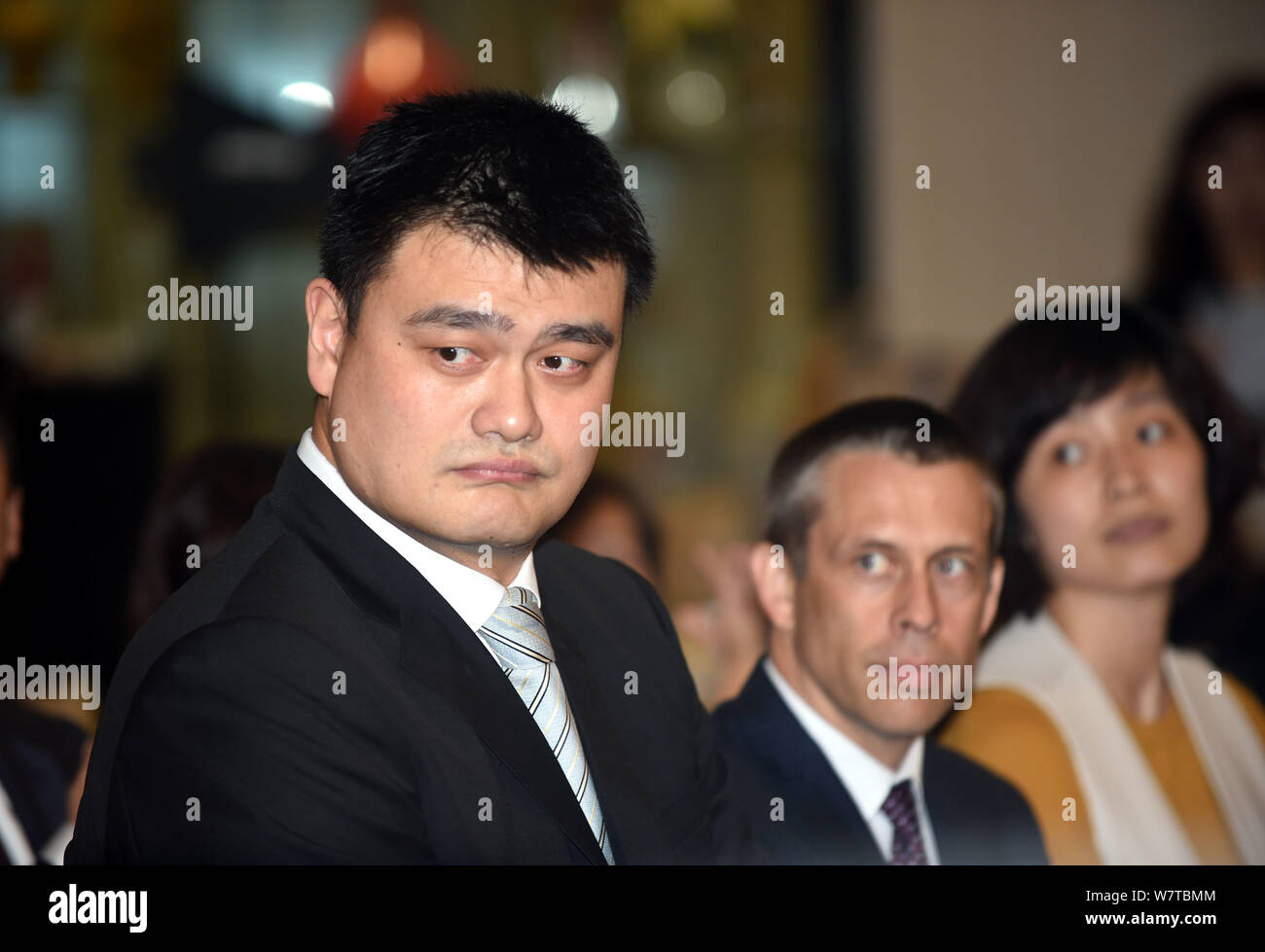 Retired Chinese basketball star Yao Ming, chairman of the Chinese Basketball Association (CBA), is pictured during a press conference for the annual ' Stock Photo